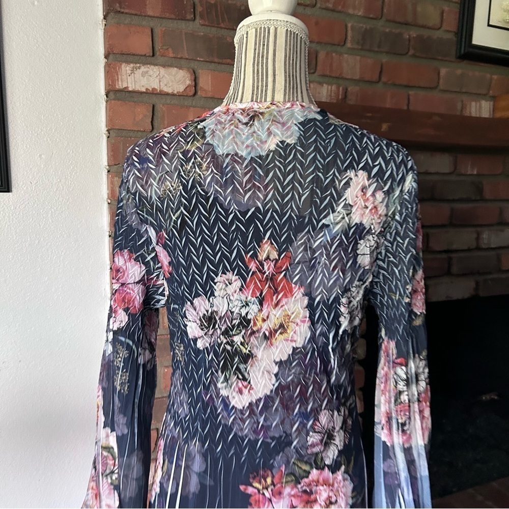 Komarov Lace Sleeve Charmeuse Floral Midi Dress in Coral Glow Sz M - Picture 7 of 8